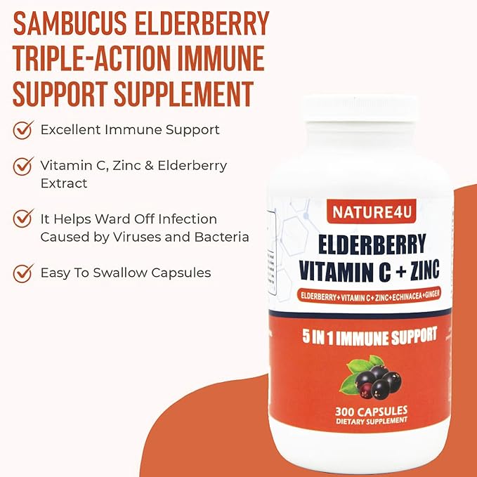 5 in 1 Elderberry Immune Support Supplement, Daily Immune Boosters for Adults Antioxidants Supplement, Elderberry 1000 mg, Vitamin C, Zinc, Echinacea, Ginger, 300 Vegan Capsules - 5 Month
