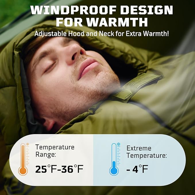 Mummy Sleeping Bag for Adults, Cold Weather Camping Sleeping Bags (25-36℉) with Adjustable Hood, Phone Pocket, Compression Sack for Warm Camping Hiking Outdoor