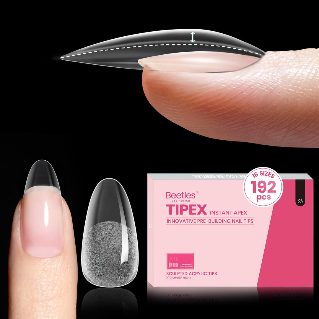 Beetles Tipex Instant Apex Nail Tips, 192Pcs Medium Oval Acrylic Nails Pre-Building Pre-Etched Thicker Gel Nail Tips - 16 Sizes Strong Full Cover False Nail Extens for Women