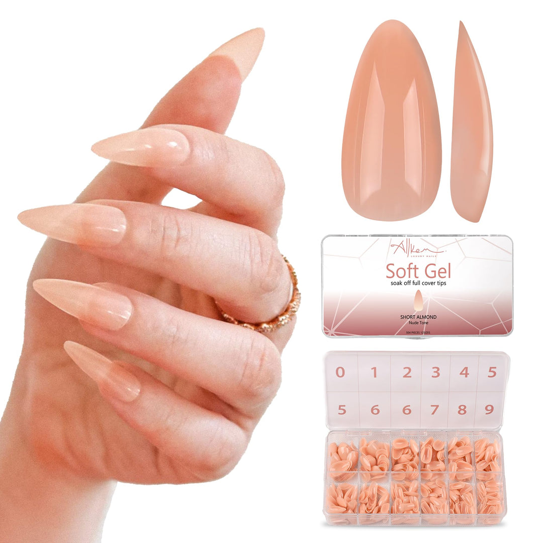 Allkem Soft Gel Nail Tips - Medium Short Almond Nail Extensions Kit - 12 Sizes Short Full Cover Nails - Neutrals - Bold (504 Pie