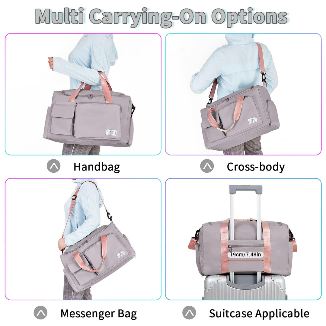 FIORETTO Women's Water-Resistant Gym Duffle Bag with Shoes Compartment, 37L Capacity, Multi-Functional, Ideal for Travel, Gym, Sports, Weekender, Grey & Pink