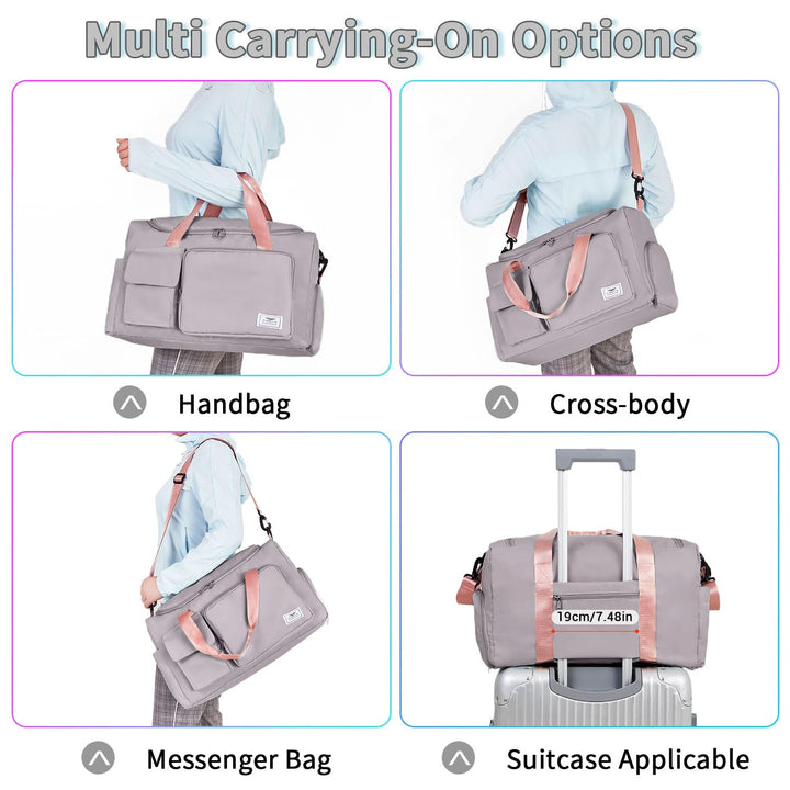 FIORETTO Women's Water-Resistant Gym Duffle Bag with Shoes Compartment, 37L Capacity, Multi-Functional, Ideal for Travel, Gym, Sports, Weekender, Grey & Pink