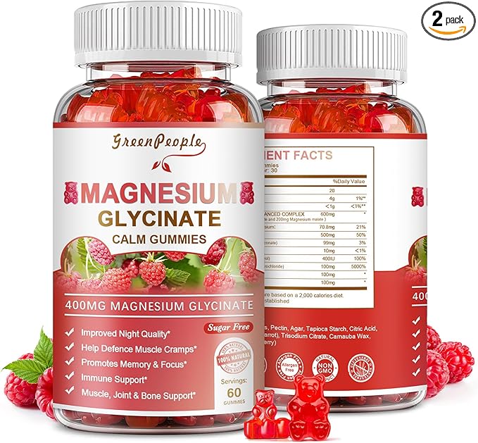 Magnesium Glycinate Gummies 400mg - Sugar Free Magnesium Potassium Supplement with Magnesium Malate, Vitamin D, B6, and CoQ10 for Calm Support & Sleep for Adults - Raspberry Gummies
