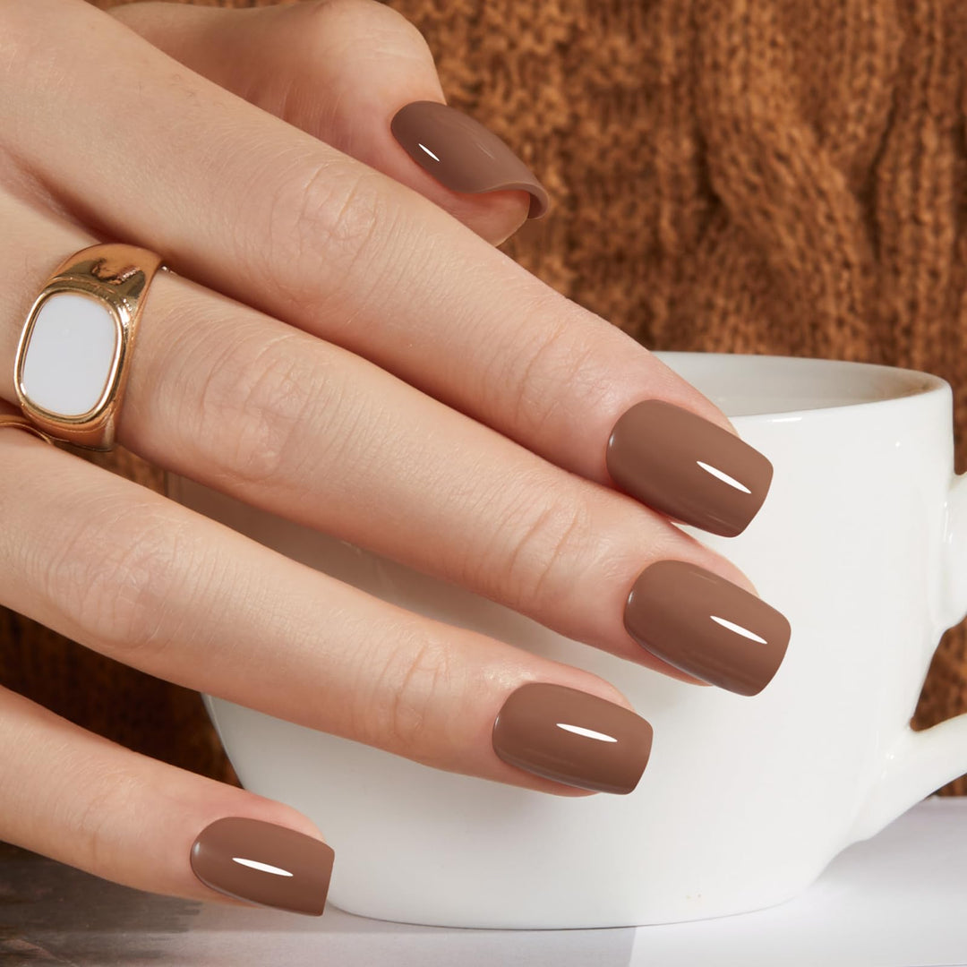 Modelones 32Pcs Fall Brown Press on Nails, Upgrade Short Square Fake Nails, Reusable Nail Kit with Nail Glue Adhesive Tabs Mini Nail File, Nails Press Ons 16 Sizes