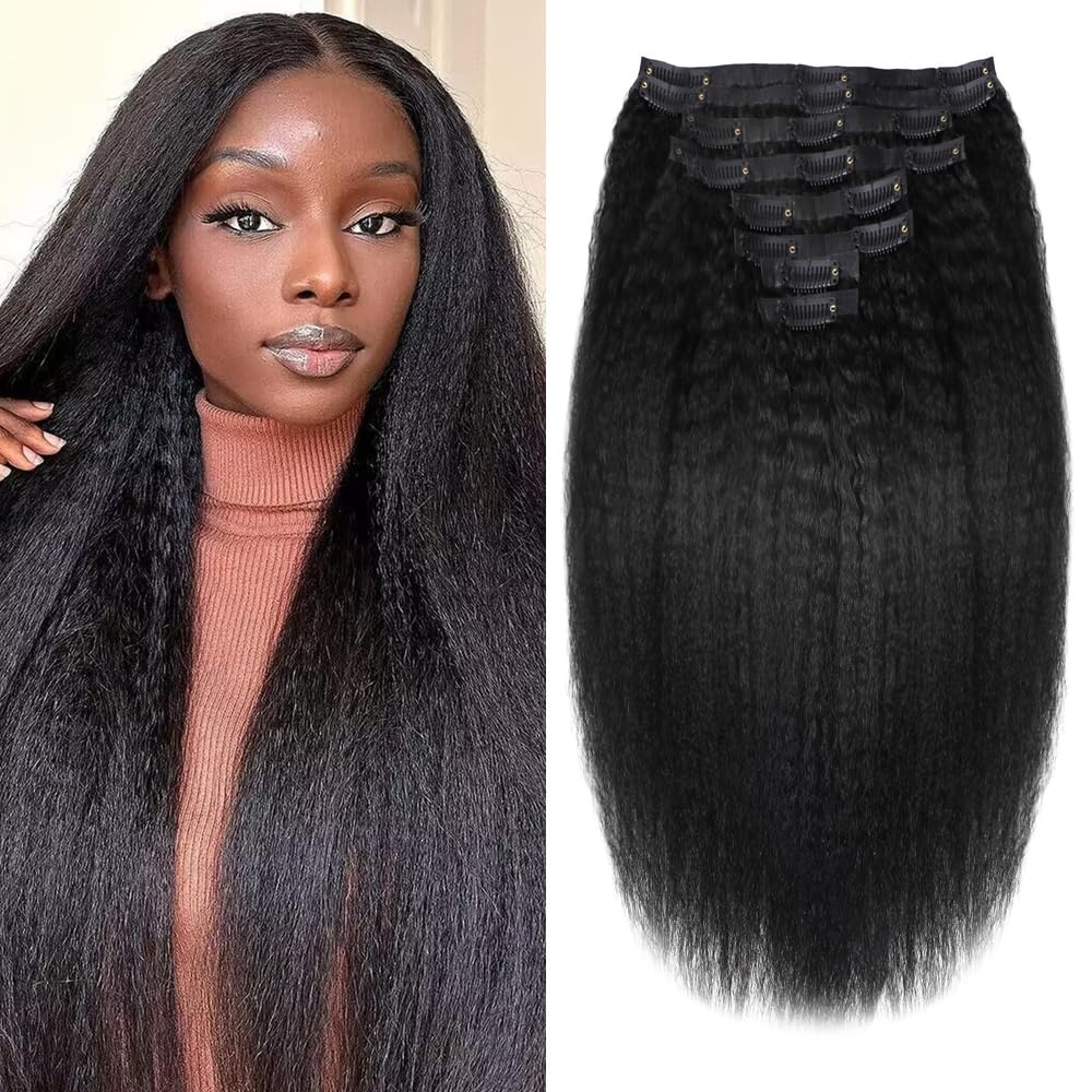 Seamless Clip In Hair Extensions Human Hair Invisible Pu Skin Weft Kinky Straight Seamless Clip Ins For Black Women Real Human Hair Extensions 8pcs With 18clips Per Set 120g (20inch,Natural Black)