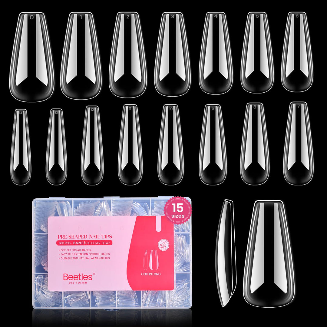 Beetles Gel Nail Tips Upgraded 15 Sizes Long Coffin Gel Nail Tips 630Pcs Pre-Shaped Clear Full Cover False Nails Easy Nail Exten