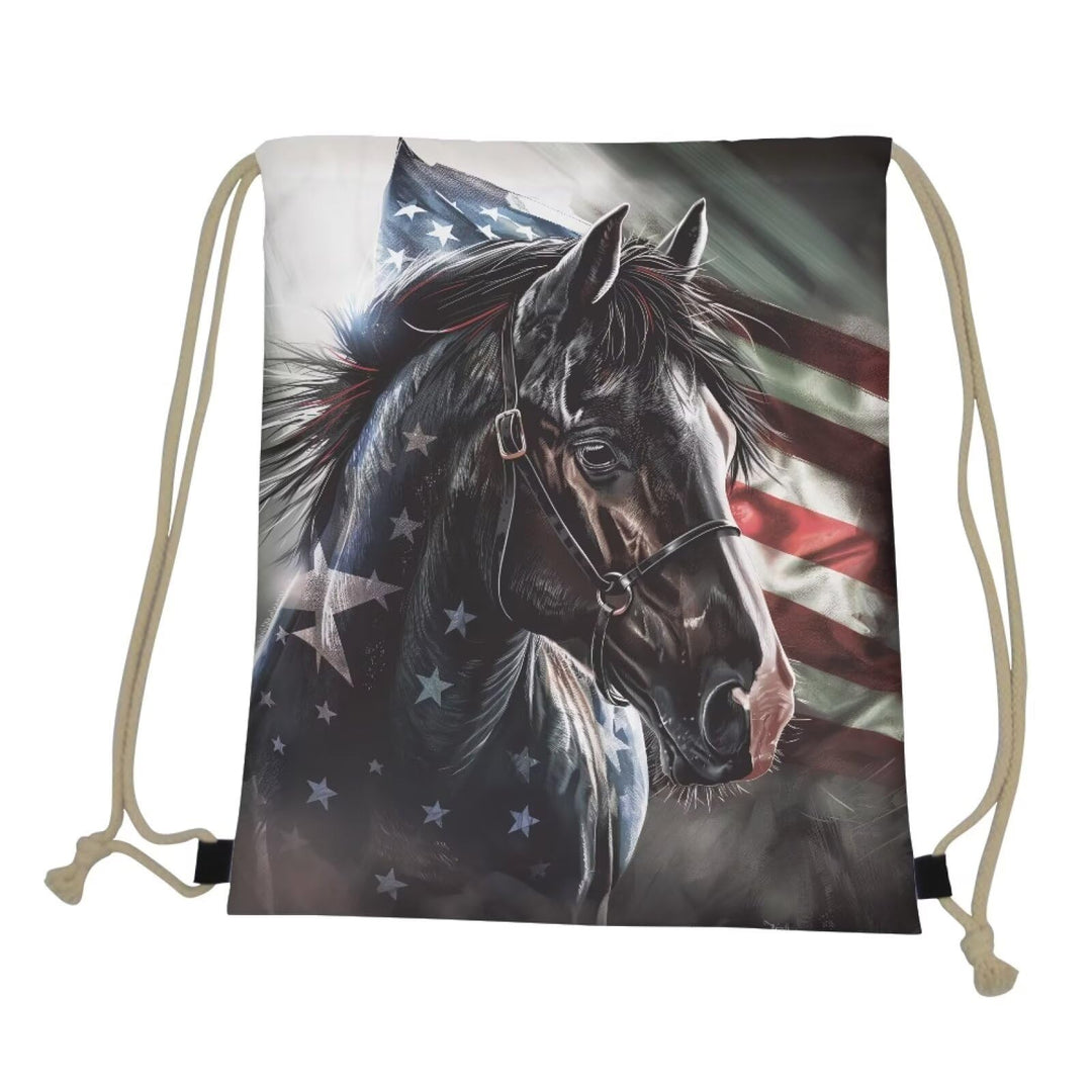 COEQINE Girls Trip Drawstring Backpack Horse American Flag 4th of July Middle High School Sport Book Bag