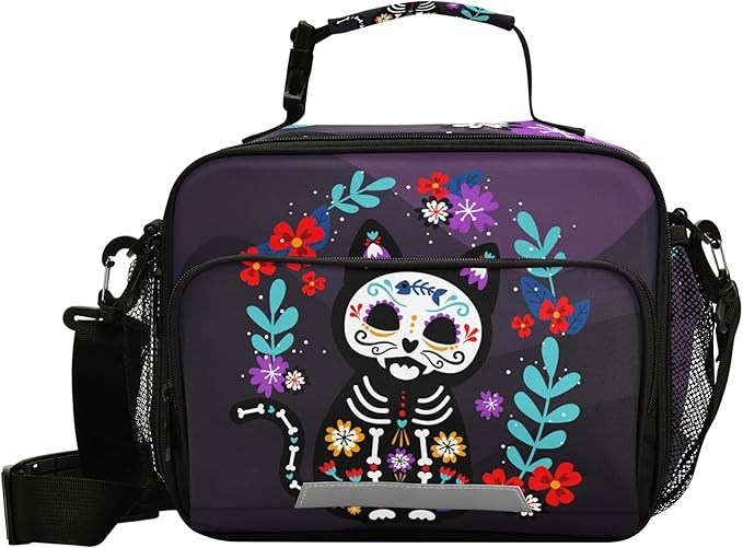 Cat Sugar Skull Lunch Bag Insulated Lunch Box Cooler Cooling Tote Food Container for Adults Men Women