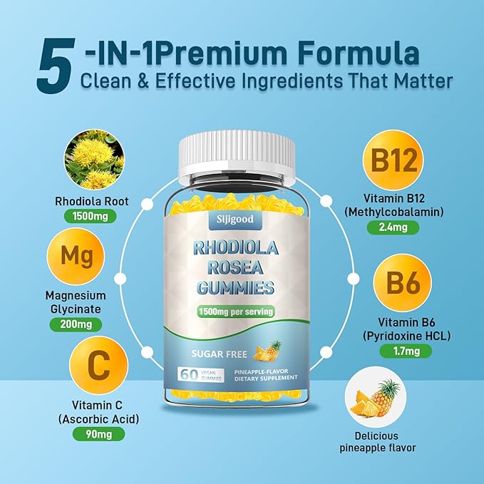 2 Pack Sugar-Free Rhodiola Rosea Gummies, Adaptogenic Rhodiola Rosea Supplement & Cortisol Blocker for Enhanced Stamina, Mood Elevation, and Motivation Boost, Non-GMO, Vegan, 120 Count
