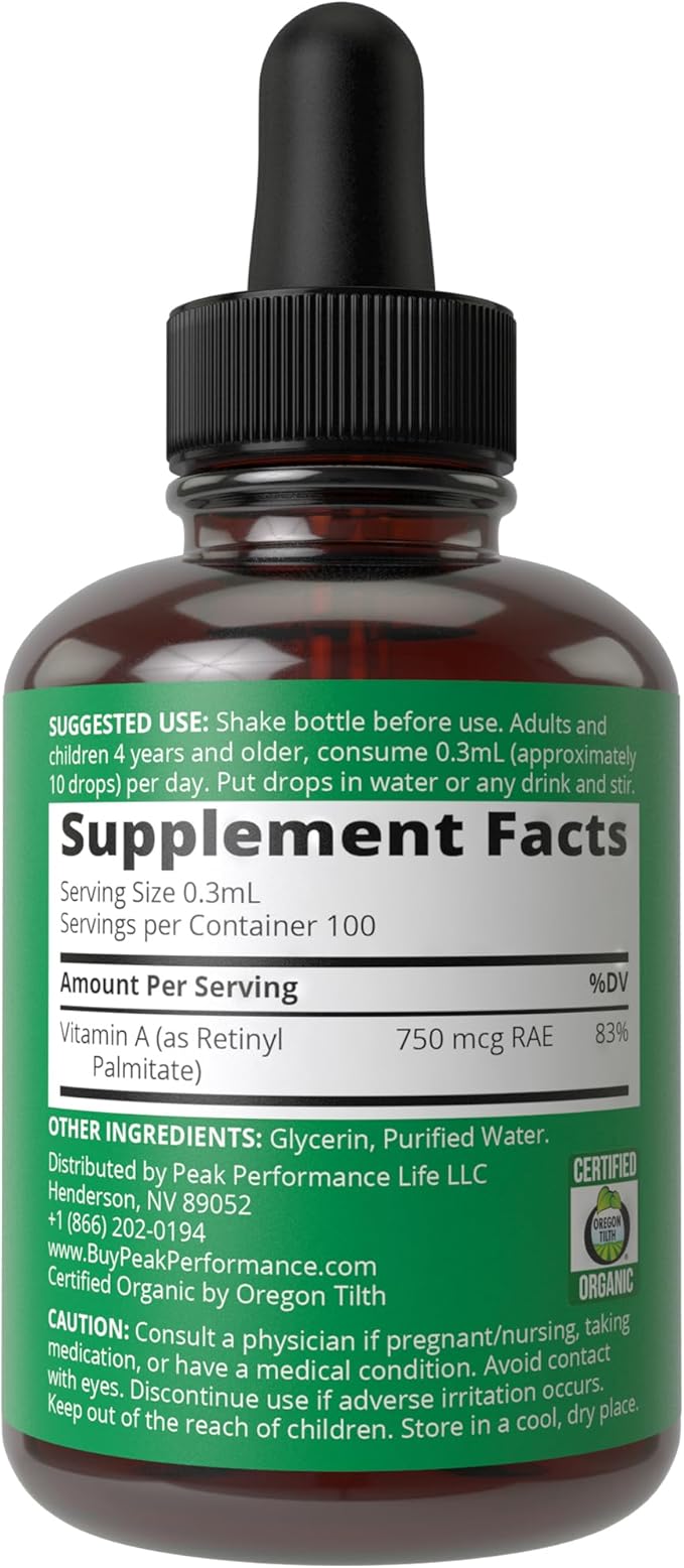 USDA Organic Vitamin A Liquid Drops Supplement. Vegan High Bioavailability For Eye, Skin, and Bone Health. For Adults, Men, Women, Kids. Organic Vit A Oil Retinyl Palmitate. Gluten Free, Zero Sugar