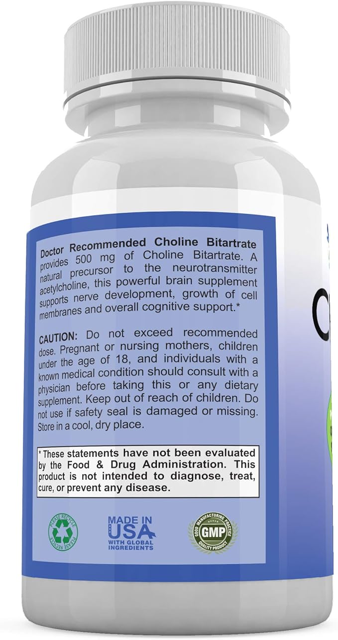Premium Choline - 500 mg - 120 Veggie Capsules - Supports Cognitive Health, Memory & More - 2 Pack
