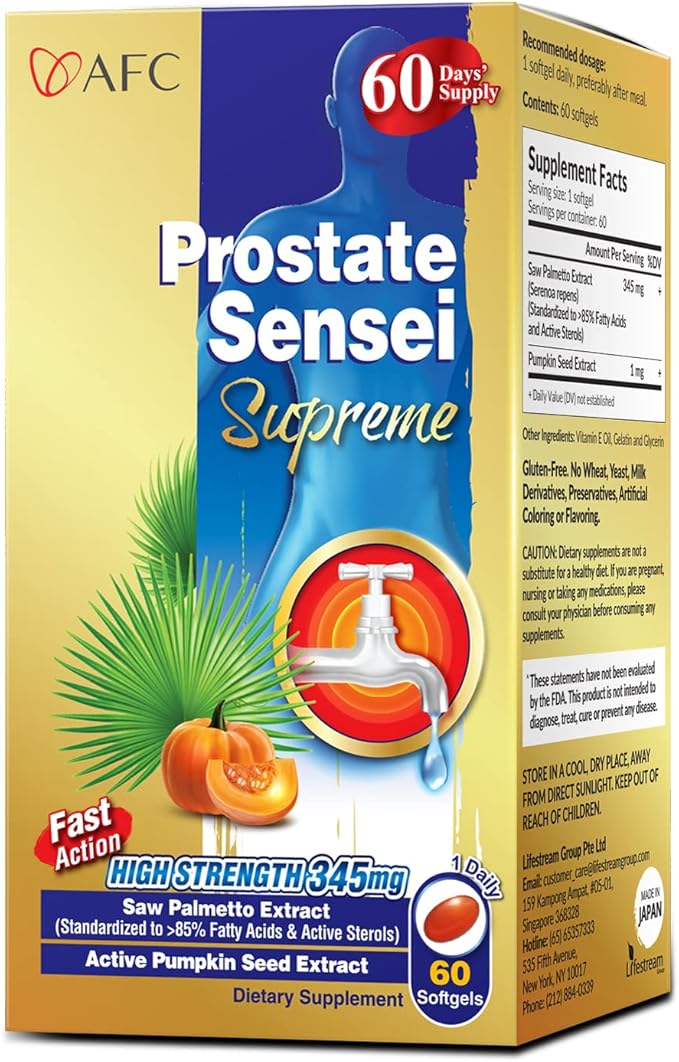 AFC Japan Prostate Sensei Supreme – Saw Palmetto Supplement for Men with Fatty Acids & Sterols – Supports Urinary Flow, Bladder Function, Hair Health – Natural Prostate Support Formula, 2 Month Supply