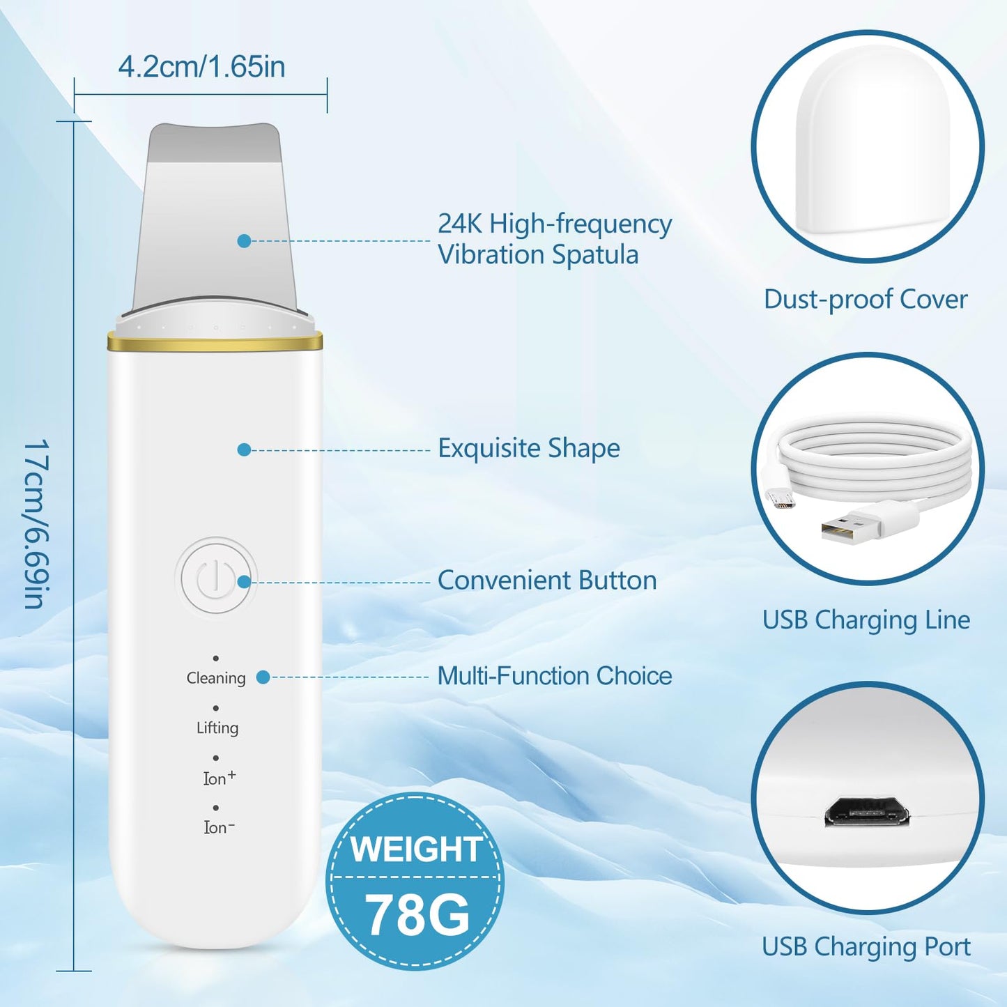 ACWOO Skin Scrubber, Ultrasonic Skin Spatula Blackhead Remover Pore Cleaner with 4 Modes, USB Rechargeabl Comedones Extractor, Skin Care Tools for Facial Deep Cleansing - 2 Silicone Covers Included