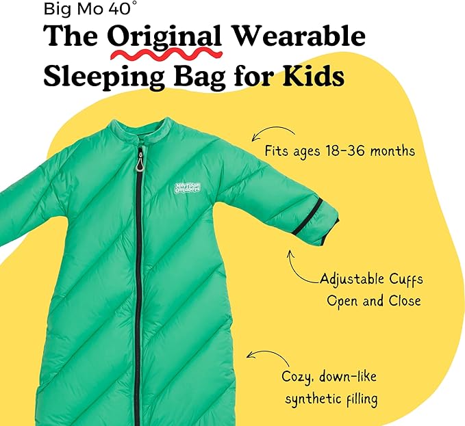 Big Mo 40° Kids Sleeping Bag (Ages 18-36m). The Coziest, Funnest Camping Sleeping Bag for Kids with Adjustable Cuffs.
