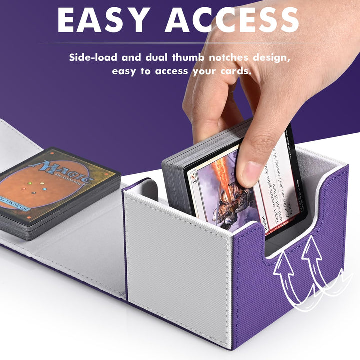 ZLCA Card Deck Box for Trading Cards, MTG Commander Deck Box Holds 120+ Single Sleeved Cards, Leather Magnetic Card Storage Box Fits for TCG CCG Magic Cards (White& Purple)