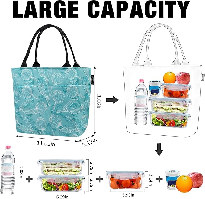 Aosbos Women's Reusable Lunch Bag - Leakproof Insulated Cooler Lunch Box Lunch Tote Meal Prep Container Lunch Cooler Bags, Green Tulip