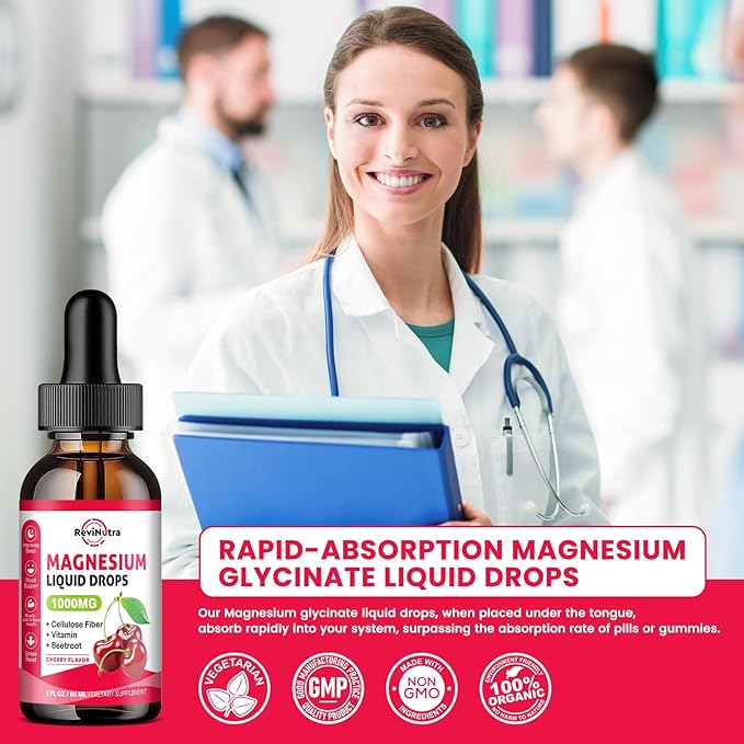 Magnesium Glycinate Liquid Drops, 1000mg Magnesium Glycinate, Citrate & Taurate with Fiber, Beetroot, Vitamin B & C for Sleep, Calm, Muscle, Energy & Relaxation, 2 Fl Oz, Sugar-Free Cherry Flavor
