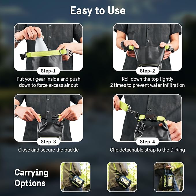 Pelican Marine IP68 Waterproof Dry Bag 5L - Roll Top Waterproof Backpack w/Phone Case/Pouch - Boating & Kayak Accessories - Essentials for Camping Swimming Beach Fishing Rafting Travel - Black/Yellow