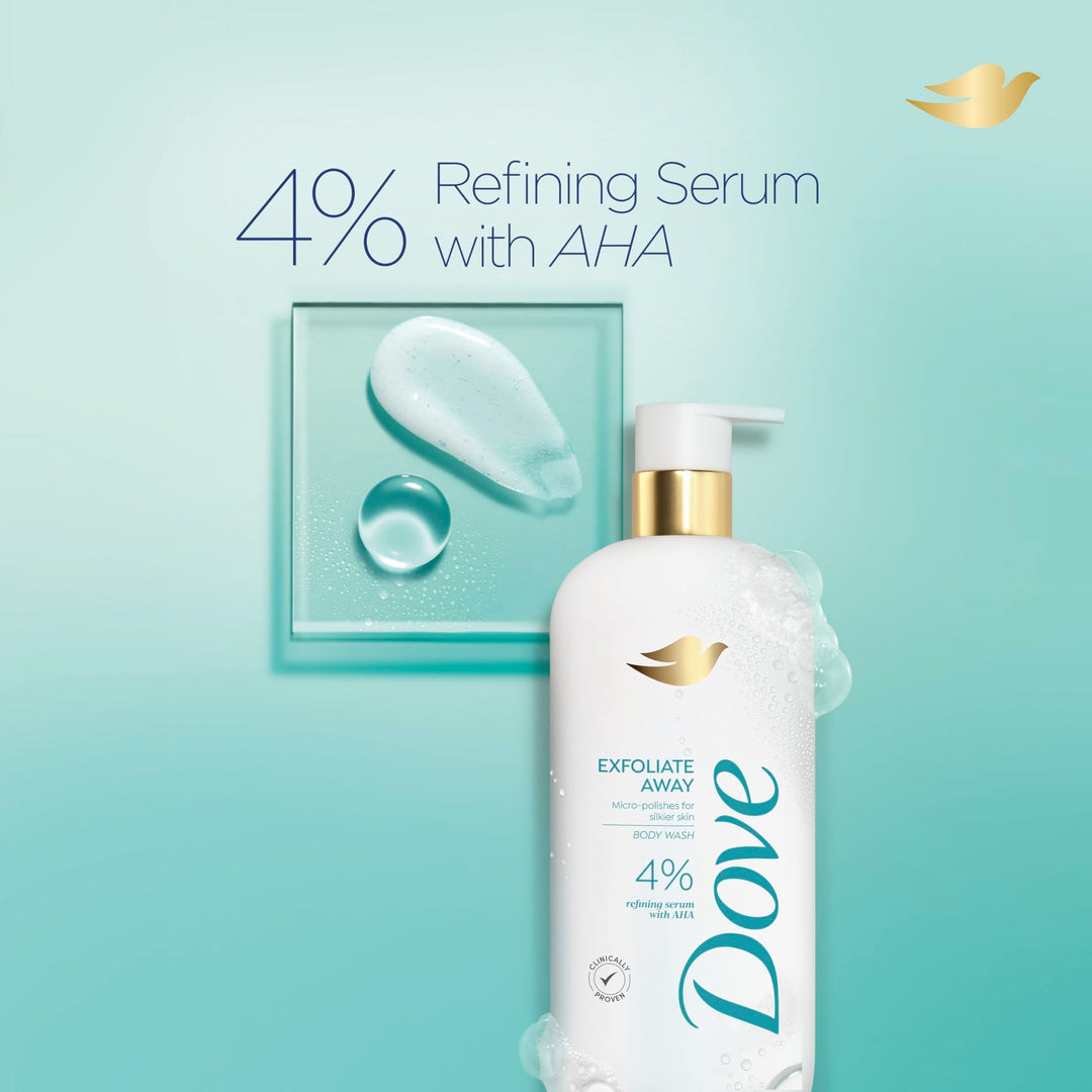 Dove Body Wash Exfoliate Away Micro-polishes for silkier skin 4% refining serum with AHA 18.5 oz