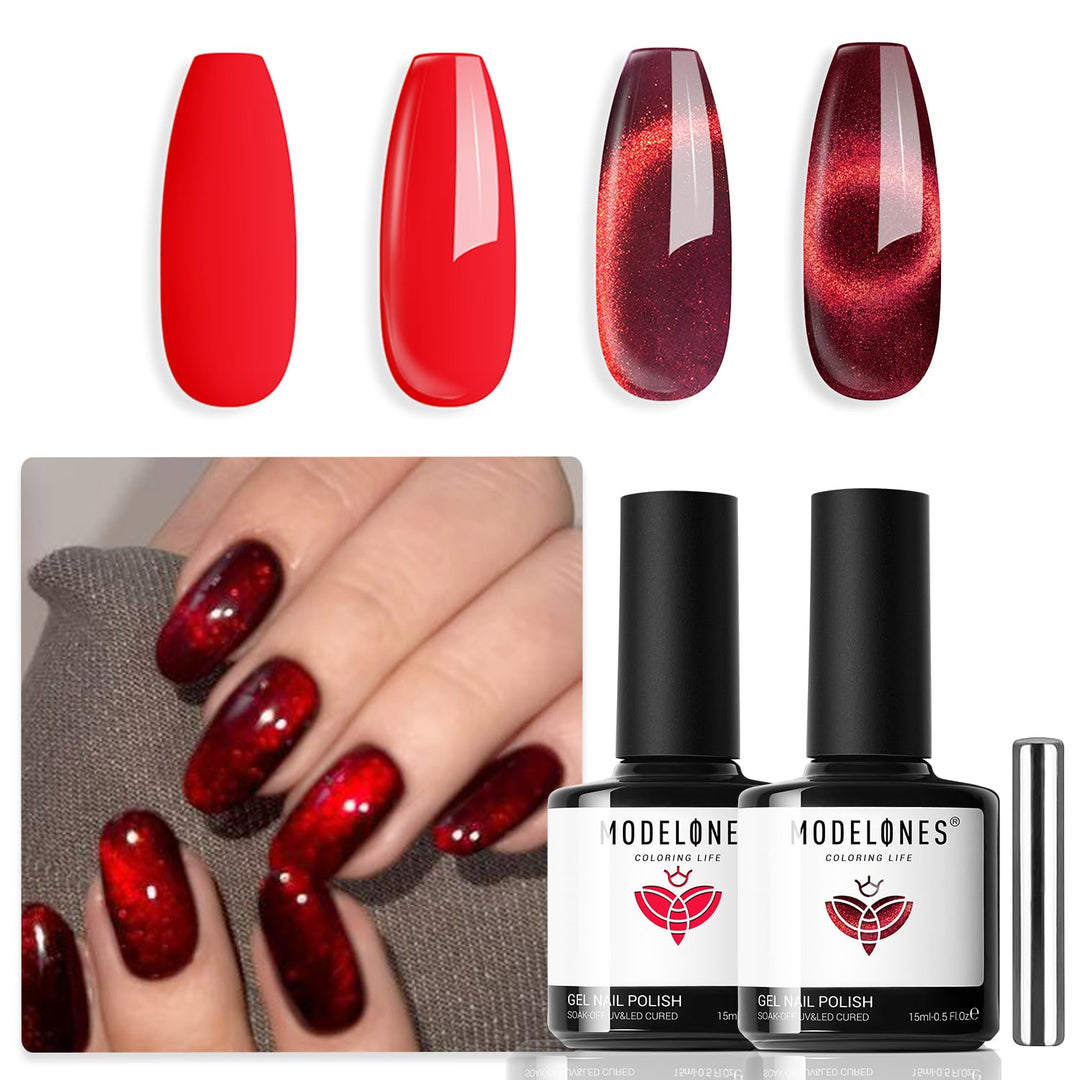 modelones Gel Nail Polish Set 2 Pcs 15 ML Red Cat Eye Gel Nail Polish Glitter Shimmer Red Polish Soak Off LED Spring Art Nail Kit Manicure Salon DIY Nails Gift For Women