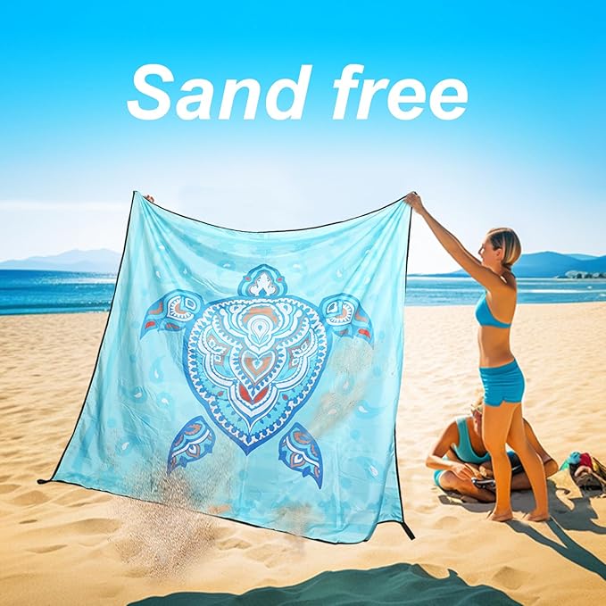 Beach Blanket Waterproof Sandproof, 79" x 83" Extra Large Sand Free Quick Drying Beach Mat, Compact Outdoor Picnic Mat for Travel, Hiking, Camping (Blue Sea Turtle)