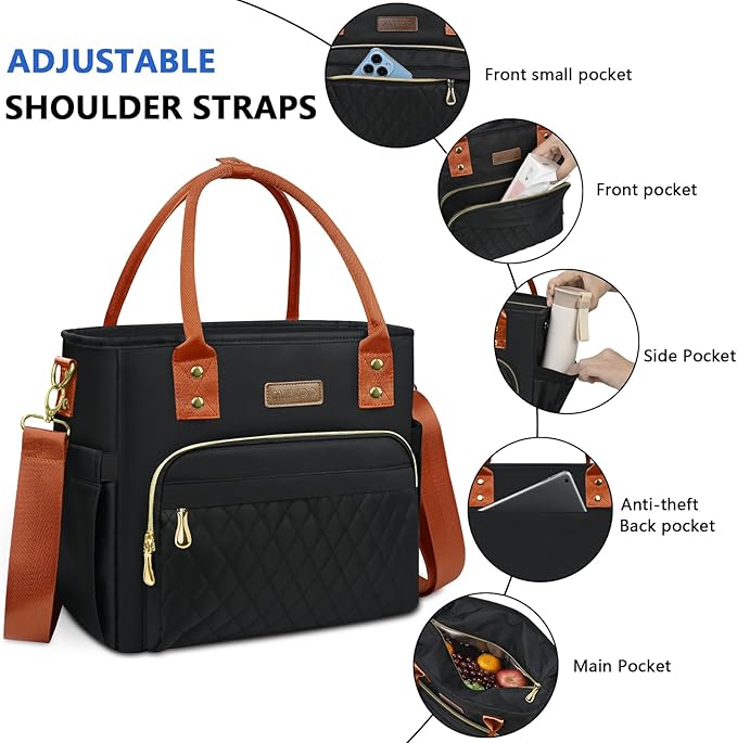 Lunch Bag Lunch Box Women - Leakproof Insulated Lunch Cooler Bag for Women - Large Lunch Tote Bags Adults, Black Orange