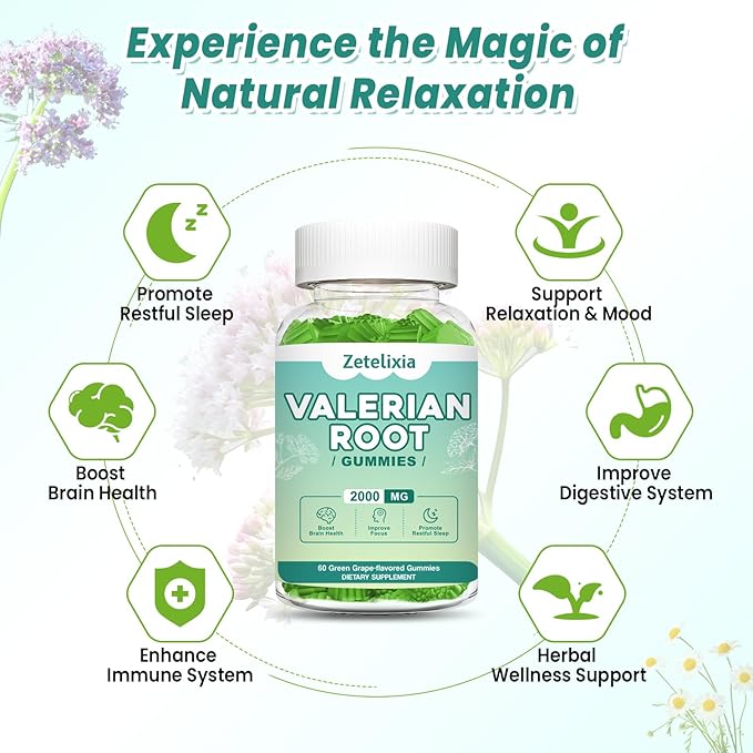2 Pack Organic Valerian Root Gummies, Natural Calm to Help Relaxation, Herbal Supplement for Mood Support, Melatonin Free, Non-GMO, Gluten Free, Vegan, Green Grape Flavor, 120 Count