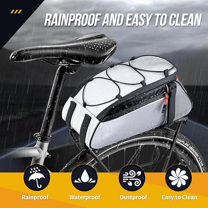 WOTOW Bike Rear Rack Bag - 10L Large Full Reflective Waterproof Trunk Bag, Multifunctional Bicycle Back Seat Cargo Carrier with Shoulder Strap(Full Reflective)