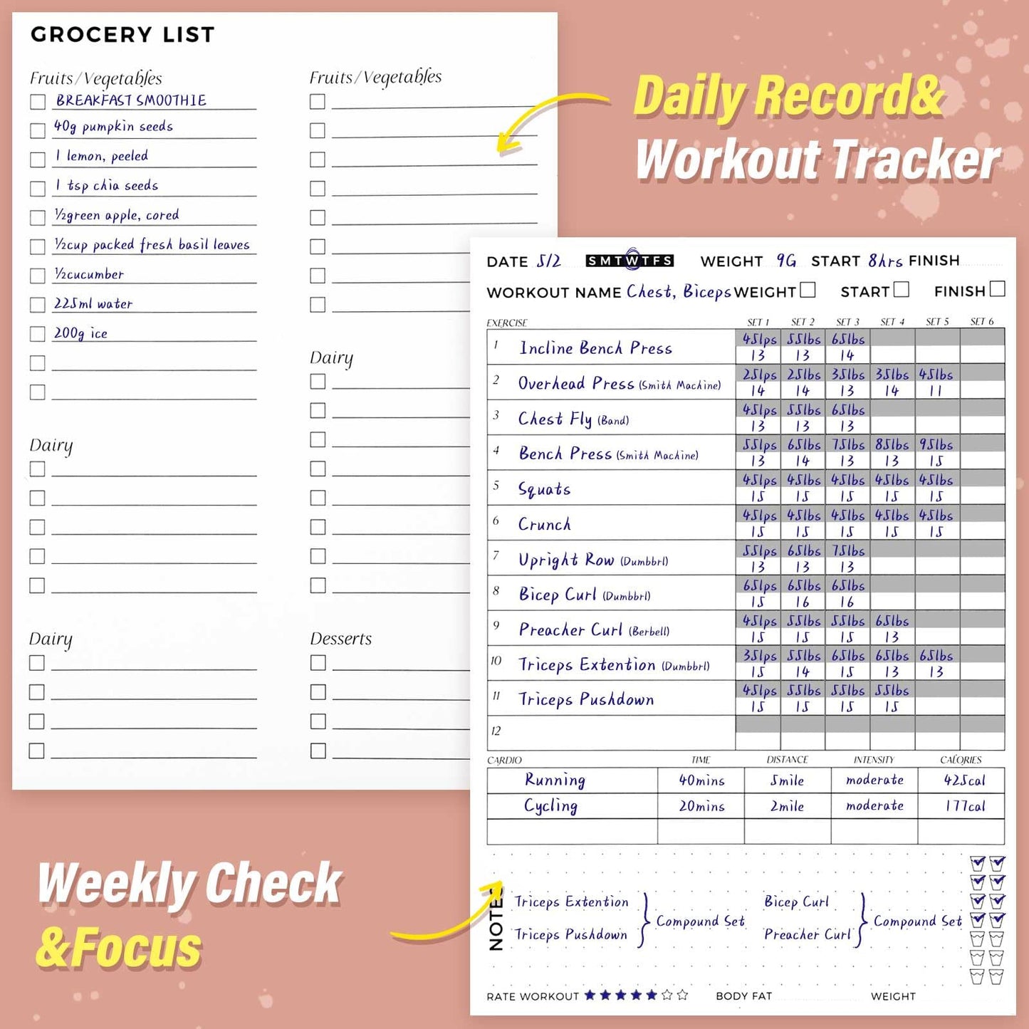 Fitness Journal for Women and Men, 8.8" x 6.6", Workout Log Sprial Book Planner for Tracking Progress and Achieving Your Wellness Goals, Pink