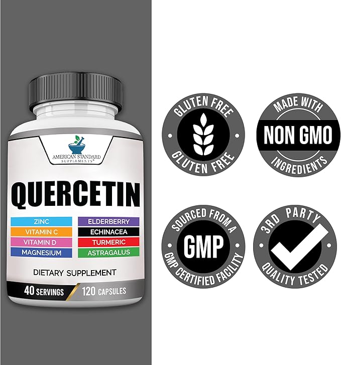 American Standard Supplements Quercetin 1000mg Per Serving with Zinc, Vitamin C, Vitamin D3, Magnesium, Elderberry, Echinacea, Turmeric, Astragalus - Gluten Free, Non-GMO, 120 Capsules, 40 Servings