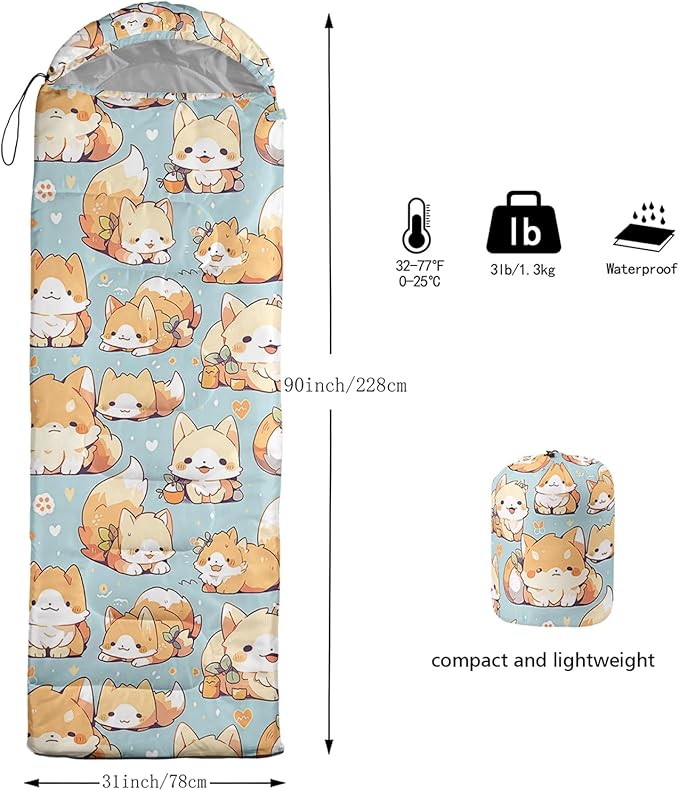 AILONEN Cartoon Fox Camping Sleeping Bag for Boys Girls Adults,Lightweight & Waterproof,3 Season Warm & Cold Weather,Portable,Kawaii Fox Printed Sleeping Bag,Traveling,Camping,Hiking