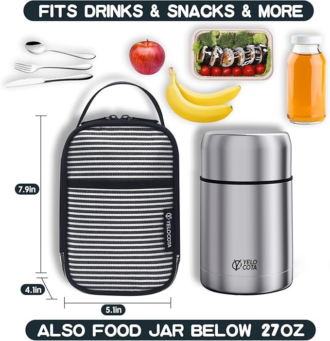 Yelocota Small Cooler Bag- Snack Bag- Insulated Lunch Bag for Kids- Lunch Thermal Bags- Exact Designed for Insulated Food Jar below 27oz-Lunch Tote Bag for Child,Men,Women