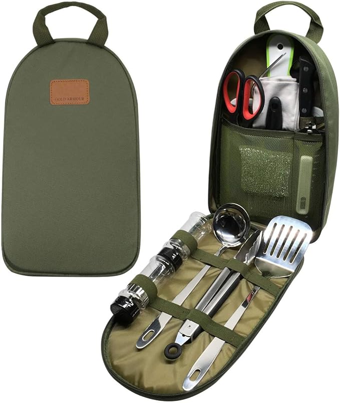 Camp Kitchen Utensil Organizer Travel Set Portable BBQ Camping Cookware Stainless Steel Utensils Travel Kit Outdoor Equipment Cutting Board Tongs Scissors Knife Ladle Spatula
