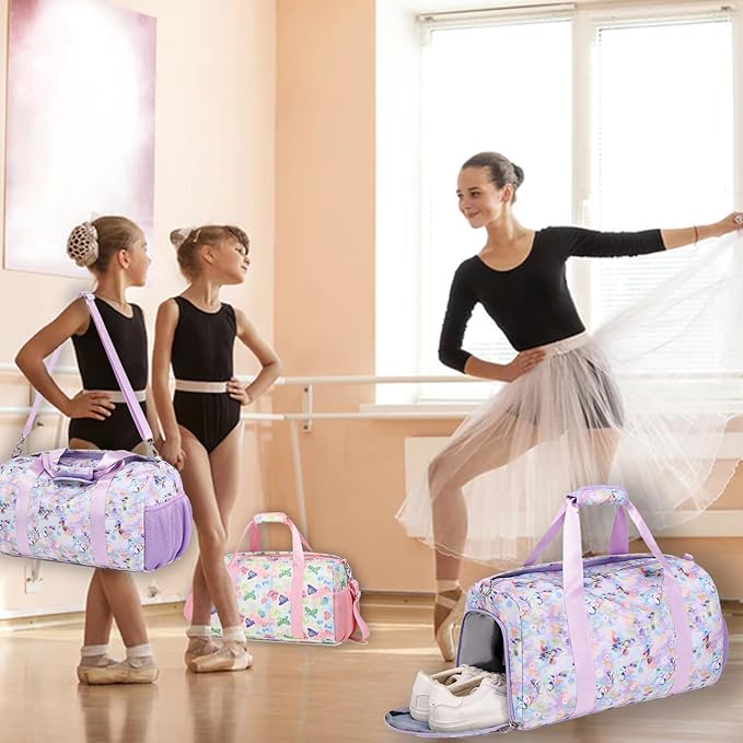Butterfly Dance Duffel for Girls - Gymnastics, Overnight, Travel & Sleepover Bag with Shoe Compartments