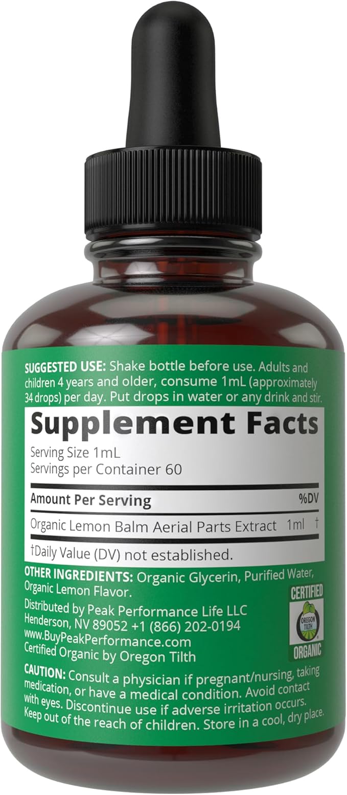 USDA Organic Lemon Balm Tincture. Liquid Organic Lemon Balm Oil Drops Supplement for Relaxation, Calm, Digestion. Vegan Leaf Extract. Zero Sugar, Gluten Free Supplements for Women and Men