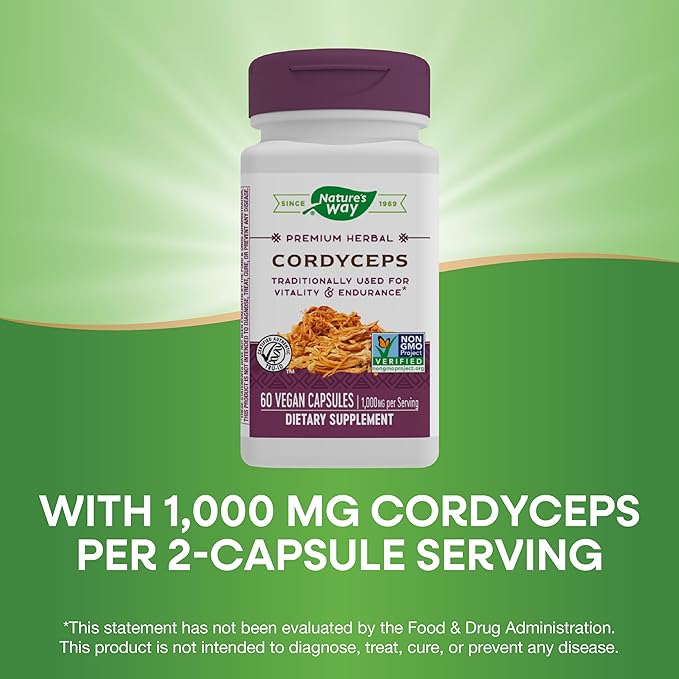 Nature's Way Cordyceps Premium Herbal - 1,000 mg Per 2-Capsule Serving - Traditional Support for Vitality & Endurance* - Mushroom Supplement - Gluten Free - 60 Vegan Capsules