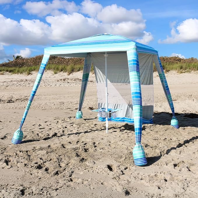 6x6 Easy Up Cabana - Sun Shelter with Privacy Wall, Canopy Includes Umbrella Table Tray, Towel Hanger, and Sand Anchor Shade (Beach Stripes)