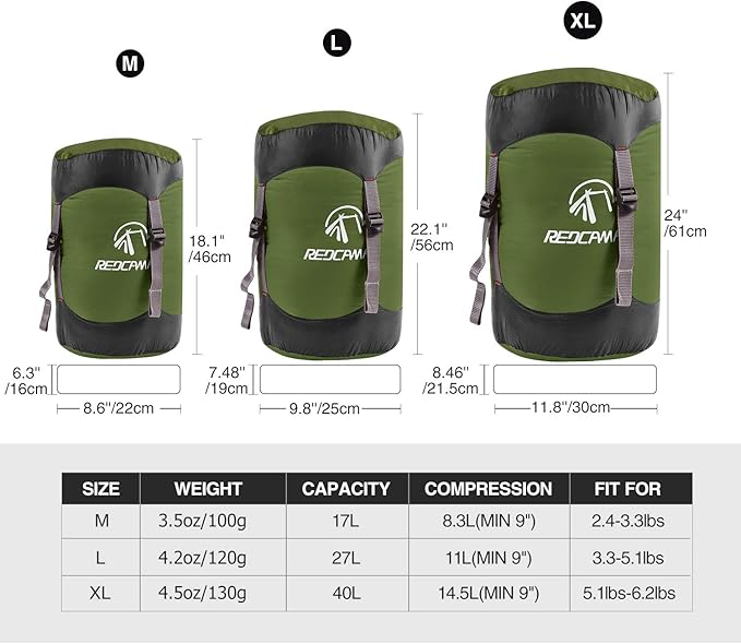 REDCAMP Nylon Compression Stuff Sack, 10L/17L/27L/40L Lightweight Sleeping Bag Compression Sack Great for Backpacking, Hiking and Camping,Blue/Yellow/Army Green/Black