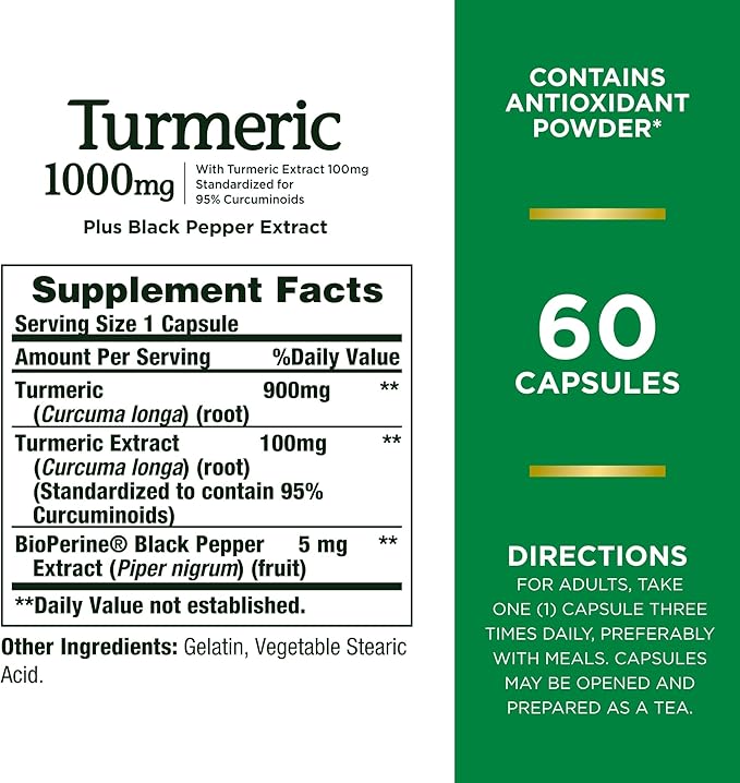 Nature's Bounty Turmeric with Black Pepper Extract, Supports Antioxidant Health, 1000mg, 60 Capsules
