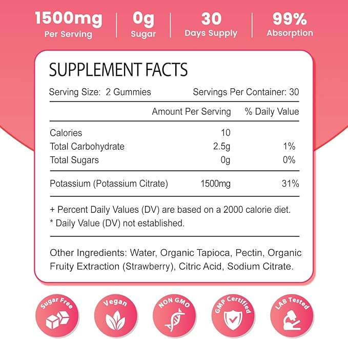 Potassium Gummies for Adults Women & Men, Potassium Citrate Supplement, Support Leg Cramps, Muscle Health & Electrolyte Balance, Sugar Free, Organic, Vegan, Strawberry, 60 Cts
