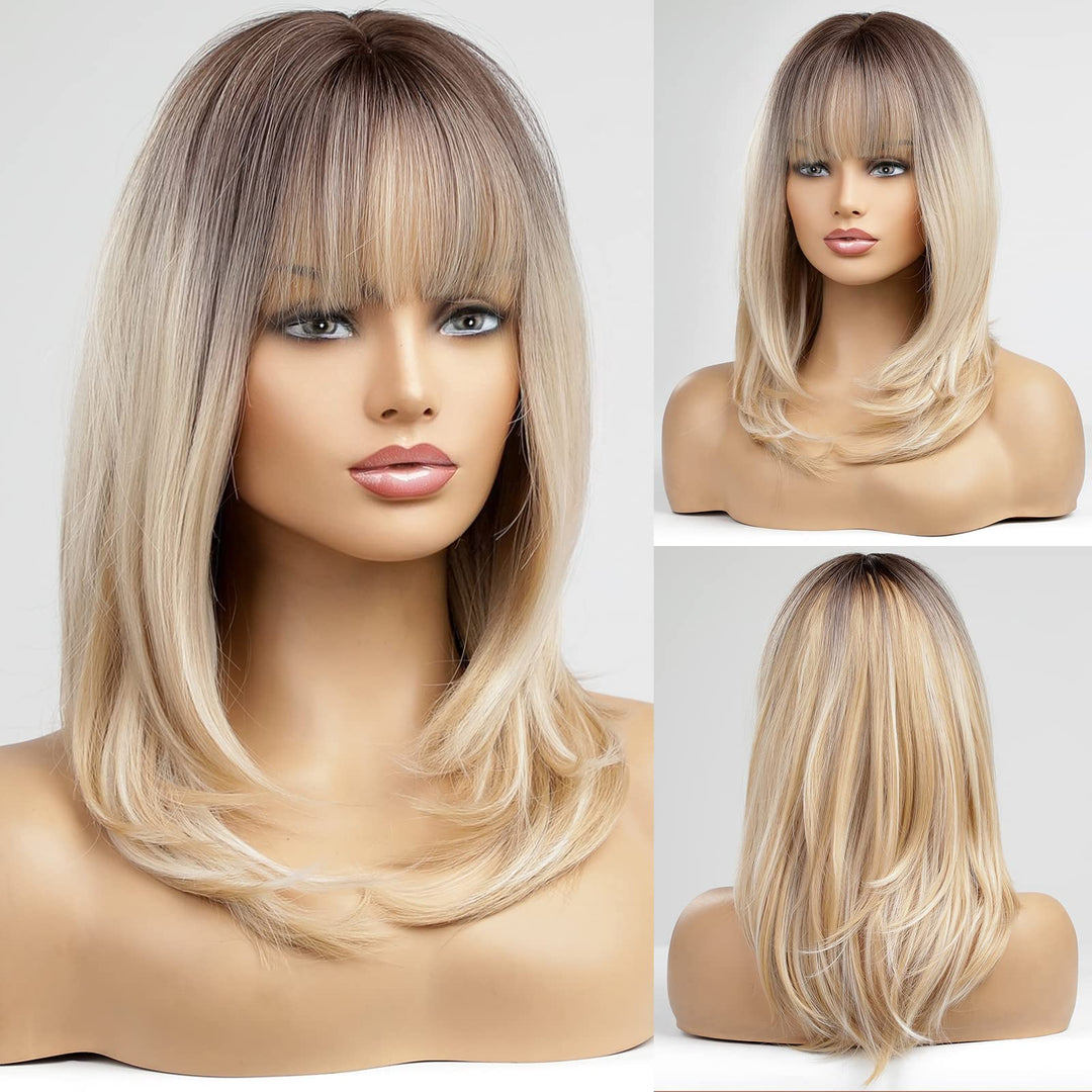 Alanhair Ombre Blonde Wigs For Women,Haircube Shoulder-Length Wig With Bangs Synthetic Hair Layered Wigs Heat Resistant Fibre