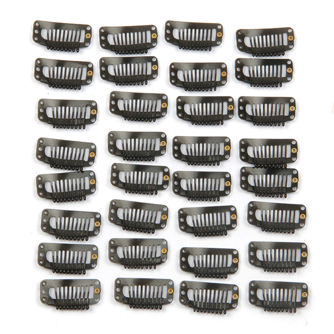 30Pcs Hair Extension Clip Stainless Steel Snap Clips For Hair Extensions Diy Wig Combs Toupee Clips 9-Teeth 32Mm 1.2G/Pc (Black)