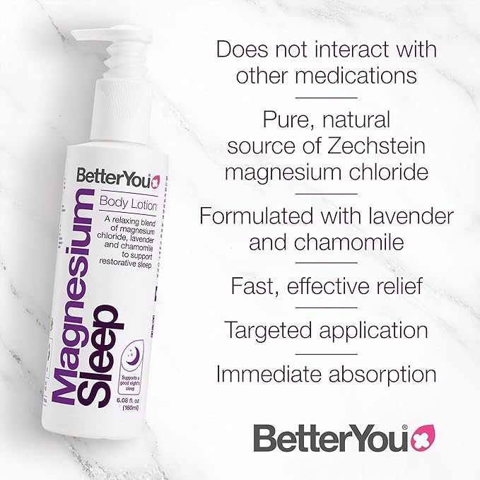 BetterYou Magnesium Sleep Body Lotion - Relaxing Body Lotion - Magnesium Body Cream with Lavender and Chamomile Blend - Sore Muscle Relief - 6.08 oz