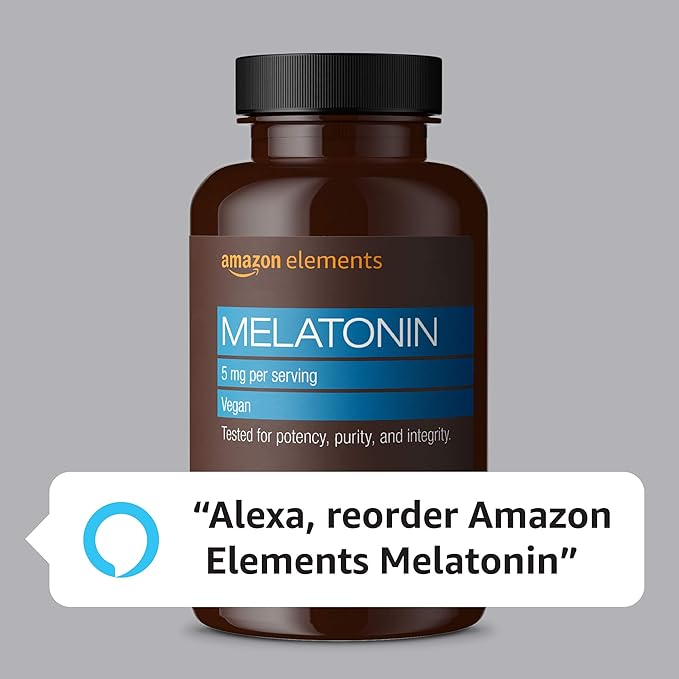 Amazon Elements - Melatonin 5mg Capsules, Helps with Occasional sleeplessness, Vegan, Unflavored, 195 Count (Pack of 2), 6 Month Supply (Packaging May Vary)