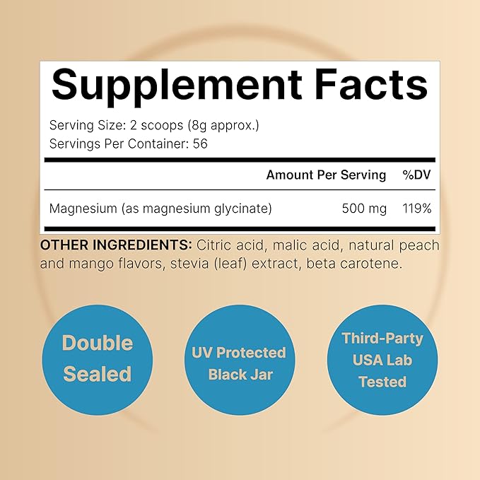Magnesium Glycinate Powder for Sleep & Relaxation, 1lb (16oz) | 500mg Chelated for High Absorption | Peach Mango Flavor | Muscle & Bone Support | Sugar-Free, Bitterless, Non-GMO, Vegan