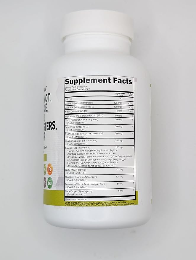 Clean Nutraceuticals Citrus Bergamot Red Yeast Rice Capsules with Plant Sterols - with Hawthorn Extract Olive Leaf Niacin Vitamin K3 D3 COQ10 Guggul & More