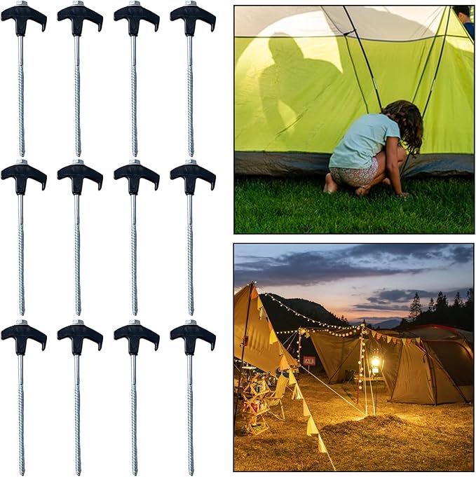8" Screw in Tent Stakes - Ground Anchors Screw in, Screw in Tent Stakes Heavy Duty, Tent Pegs Camping Stakes, Metal Threaded Tent Spikes, Screw Tent Stakes with Hex Sleeves (12Pcs+Box Black)