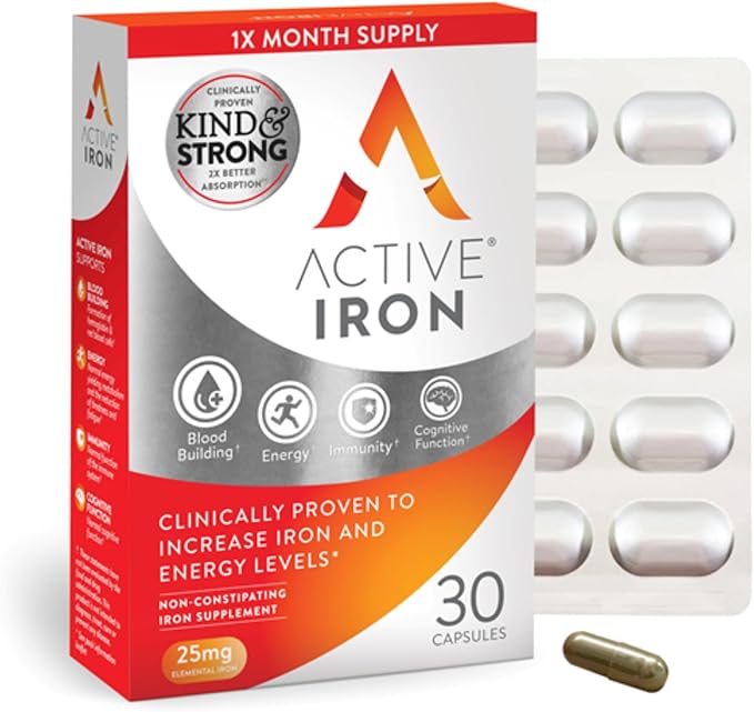 Active Iron High Potency Iron Supplement, 2X Better Absorption & Non-Constipating, Helps Support Energy, Iron Pills for Women & Men, 25mg (30 Capsules)