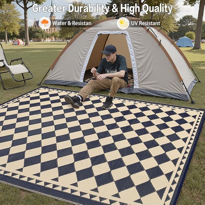 Outdoor Rug for Patios Clearance,Waterproof Mat,Large Outside Carpet,Reversible Plastic Straw Camping Rugs,Rv,Porch,Deck,Camper,Balcony,Backyard (6x9,Checkered/Black&Beige)