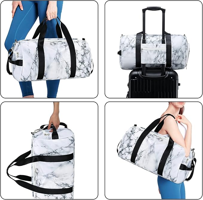 Sport Gym Duffle Travel Bag for Men Women Duffel with Shoe Compartment, Wet Pocket (Marble-White) 19.7"x9.5"x9.9"